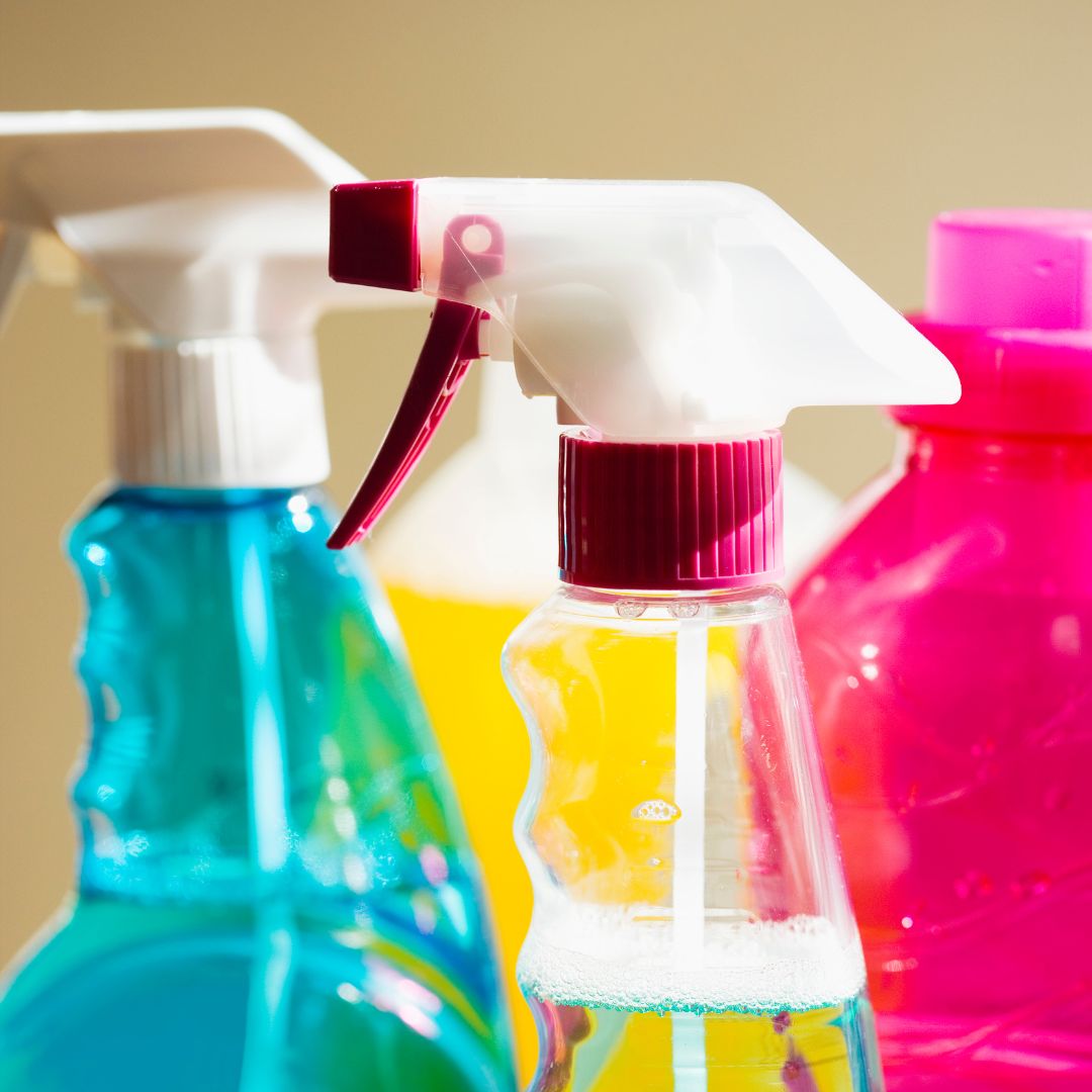 Close up of bottles of chemical cleaning supplies